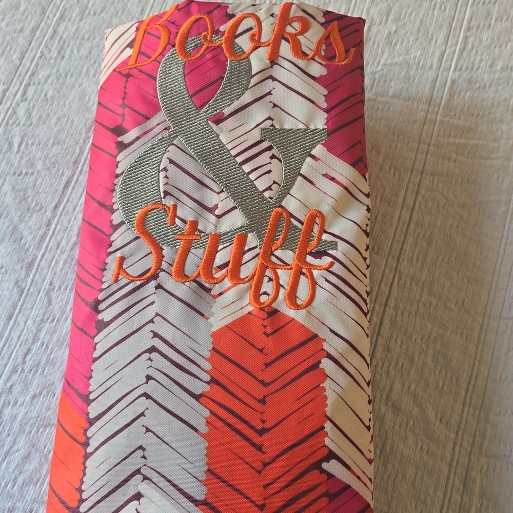 Thirty-One "Books & Stuff Pink and Orange Chevron String Bag - Picture 12 of 13